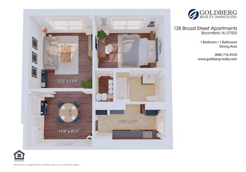 Floor plan for 1 bed, 1 bath, 671 sqft